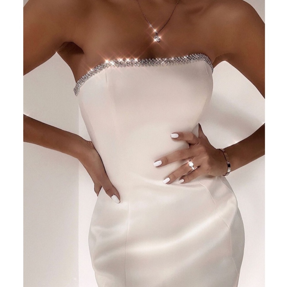 House of CB Rowan Ivory Satin Crystal Satin Strapless Dress - Picture 2 of 15